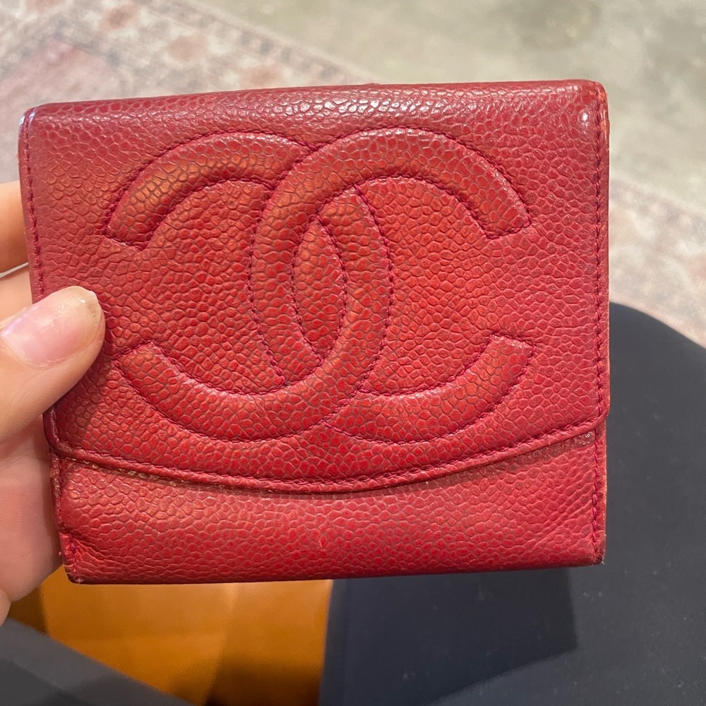Chanel red caviar leather bifold wallet